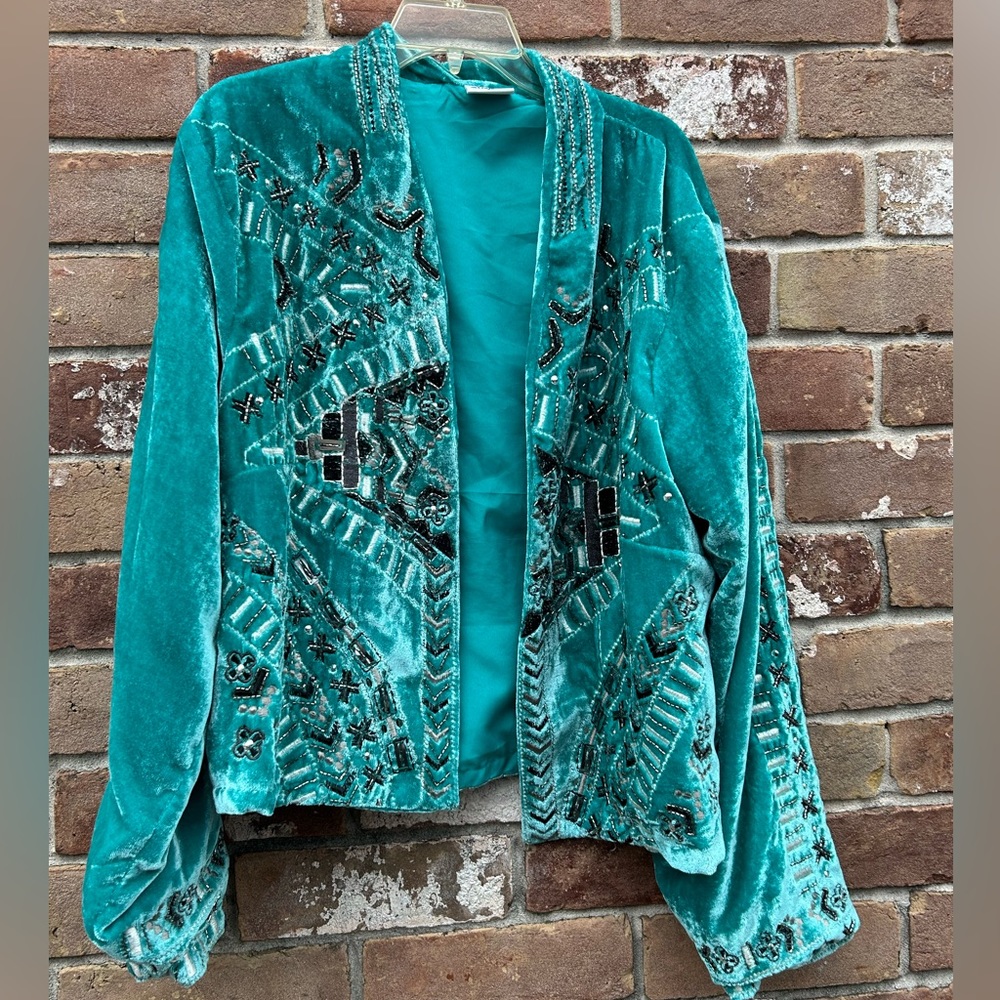Crazy Train teal velvet western jacket with gray pattern and stones. Size 2x